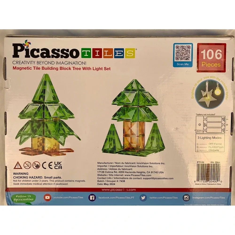 PicassoTiles 106pc Magnetic Tile‎ Christmas Tree Building Block Set w/Lights